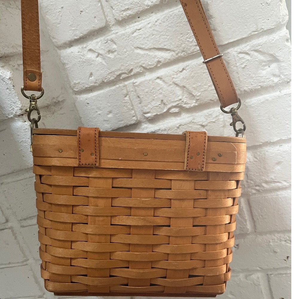 Longaberger 1997 Handwoven Basket Purse Wood Lid Leather Strap Crossbody Bag - Picture 5 of 11